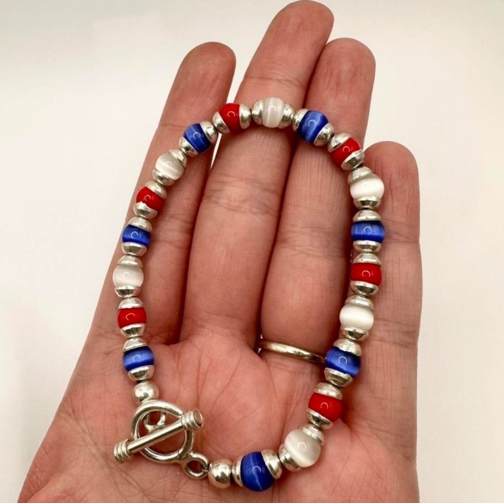 925 Sterling toggle bracelet with red, white and blue beads, 7.5" long